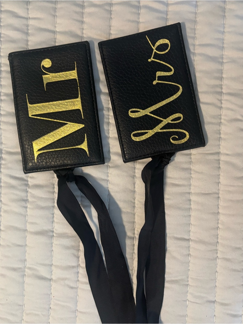 NWOT Black and Gold Mr. & Mrs. Leather Luggage Tag - Set of 2